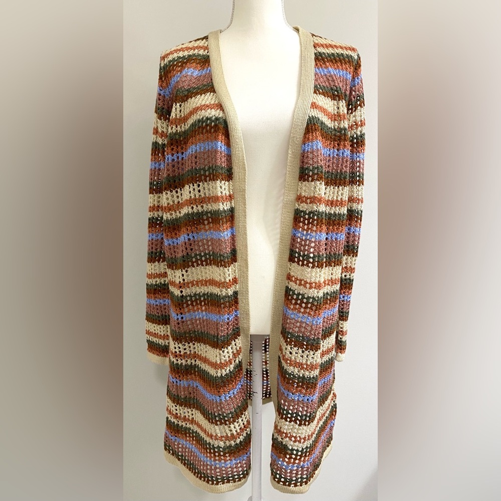 Rue 21 Womens L Brown Tan Stripe Crochet Long Cardigan Sweater Boho Eclectic Y2K - Picture 2 of 10